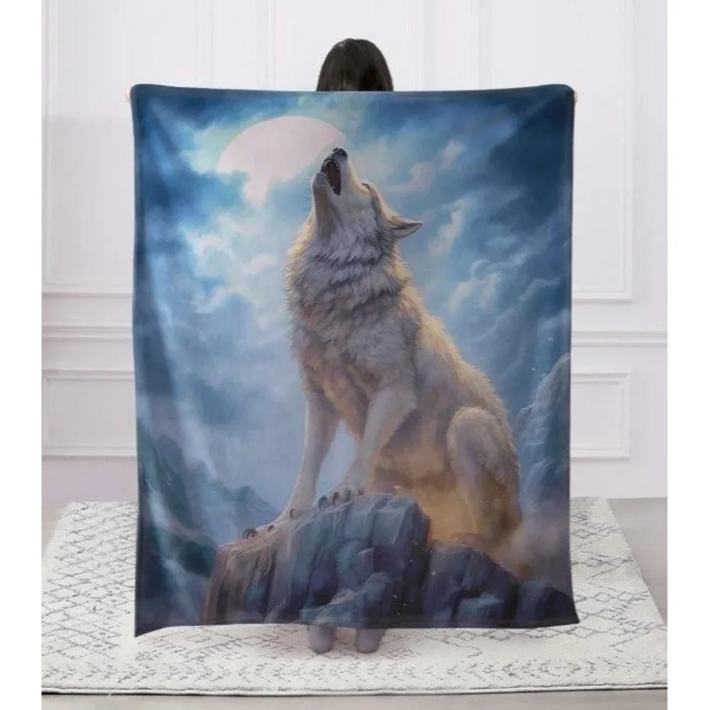 New White Lone Wolf Plush Throw Blanket Gift Full Moon Clouds Night Howl Howling